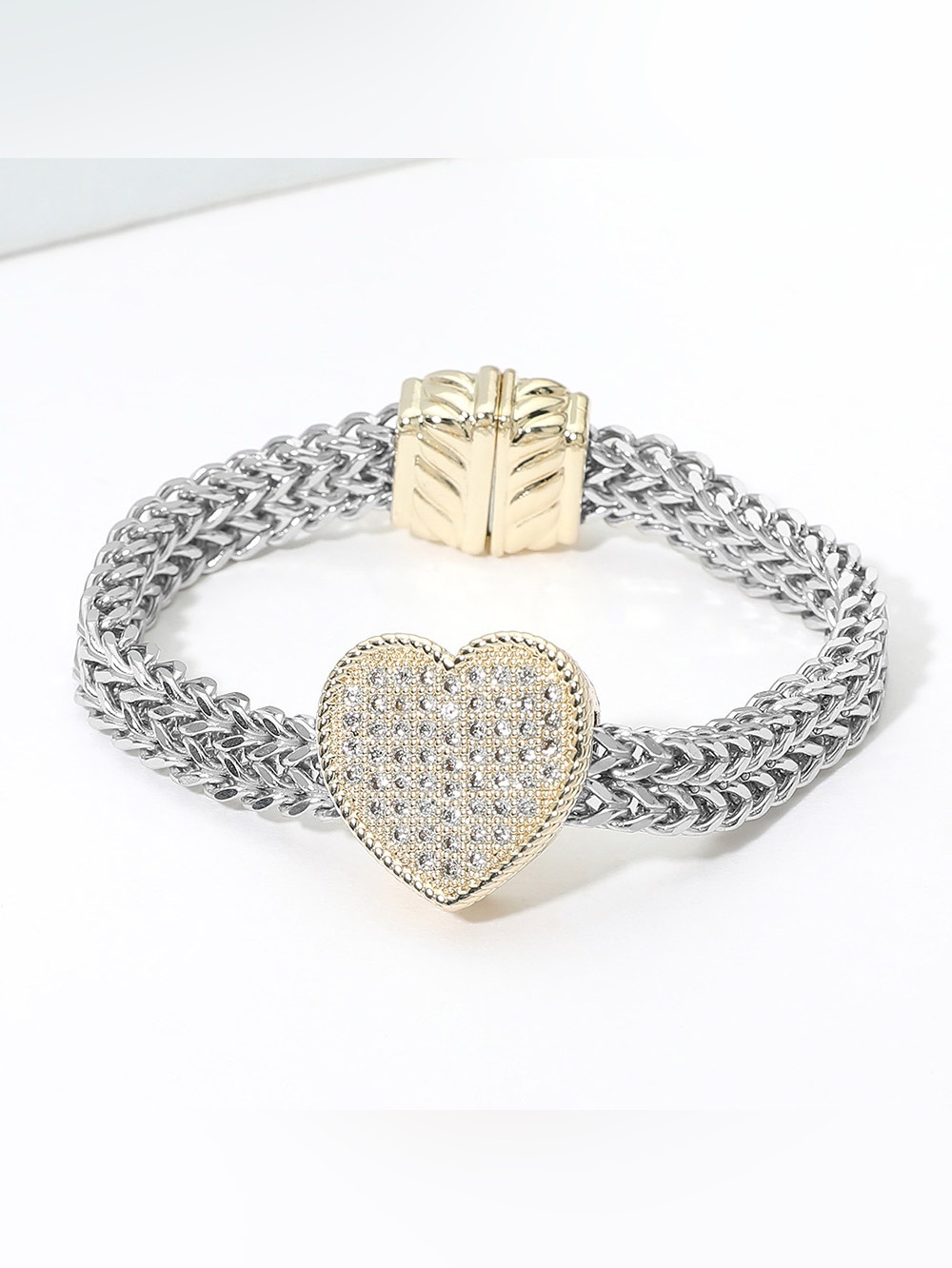 14K Gold Plated Two Tone CZ Pave Heart Centerpiece Mesh Chain Magnetic Bracelet